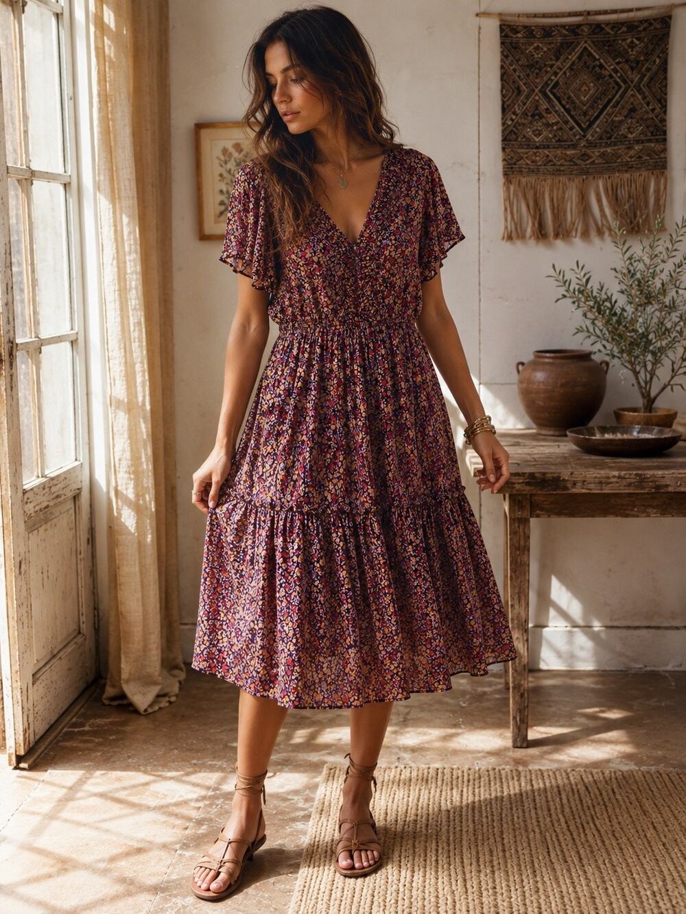 Sundance Floral Print Tiered Ruffle Hem Flutter Sleeve Midi Dress Size Medium